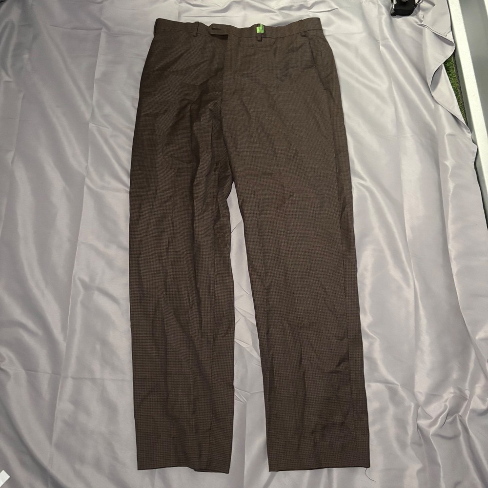 Hart Schaffner Marx Mens Brown Plaid 100% Wool Dress Pants 38L RN140087